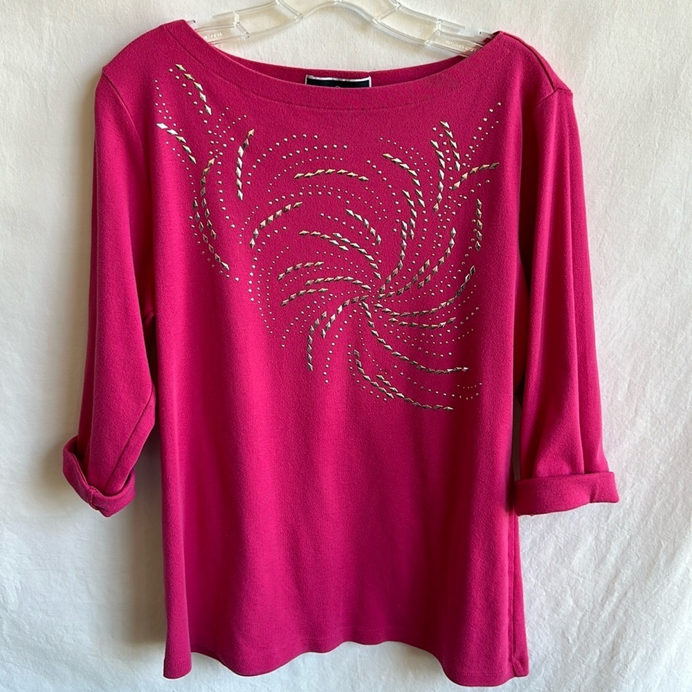 Karen Scott hot pink boatneck top with silver stud swirls, size L